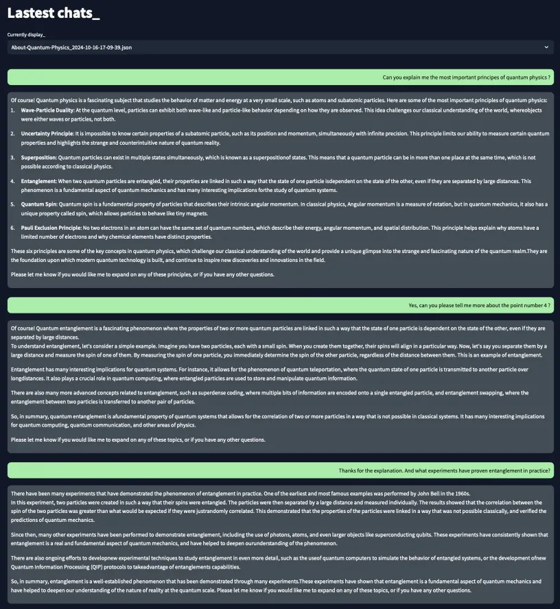 Saved conversation in the interface: a multi-turn exchange on quantum principles then on entanglement, each answer produced at the selected explanation level